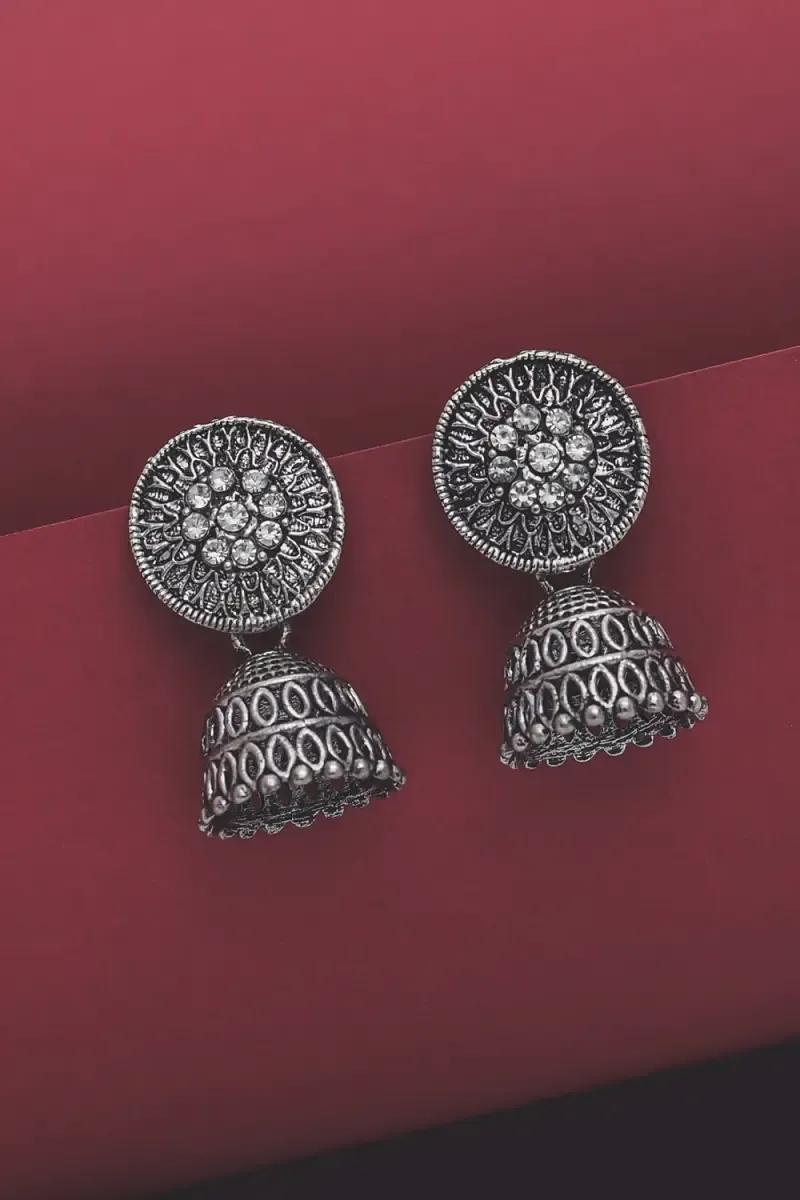 Set of 2 Pairs Oxidised Silver Jhumka Earrings for Women - image 1