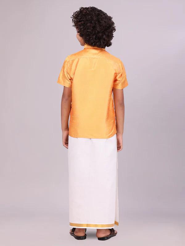 Boys Golden Yellow Color Half Sleeves Shirt with Gold Jari Flexi Dhoti - image 4