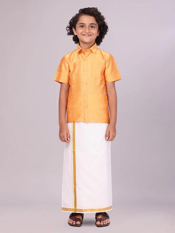 Boys Golden Yellow Color Half Sleeves Shirt with Gold Jari Flexi Dhoti - image 5