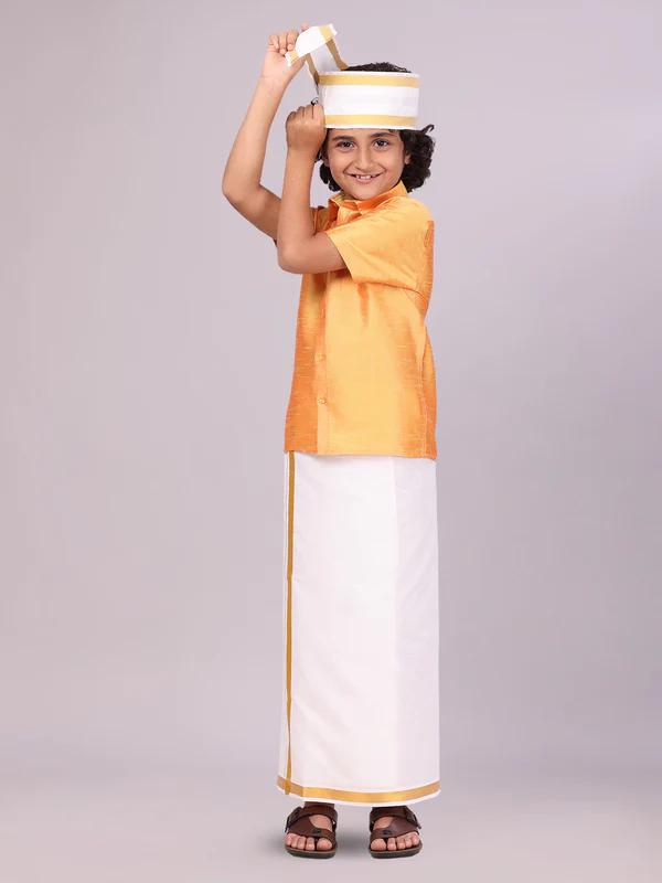 Boys Golden Yellow Color Half Sleeves Shirt with Gold Jari Flexi Dhoti - image 6