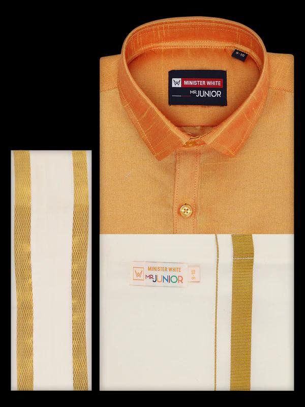 Boys Golden Yellow Color Half Sleeves Shirt with Gold Jari Flexi Dhoti - image 1