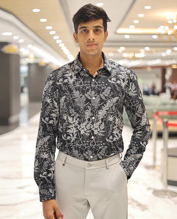 Black Cotton Blended Casual Shirt, Elevated with Vibrant Tropical Floral Prints, a Spread Collar, Full Sleeves, Slim Fit, and Regular Length - image 1