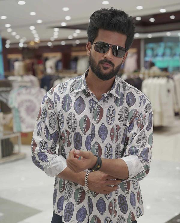 Cream-Blue Cotton-Blended Casual Shirt - image 1