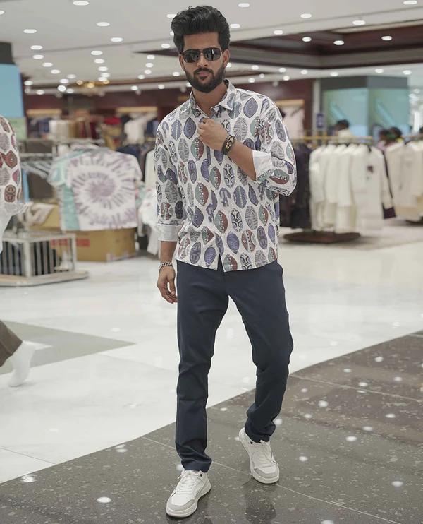 Cream-Blue Cotton-Blended Casual Shirt - image 2
