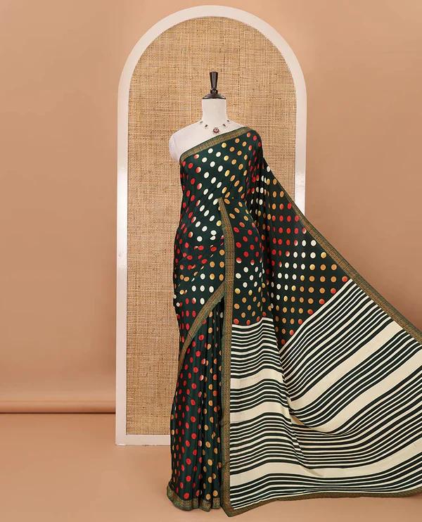 Green colorful polka dots printed satin crepe saree - image 1