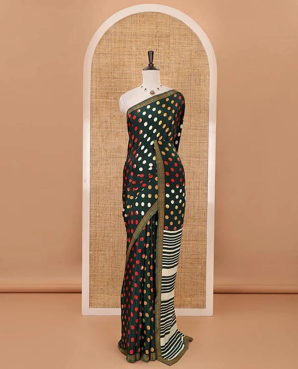 Green colorful polka dots printed satin crepe saree - image 2
