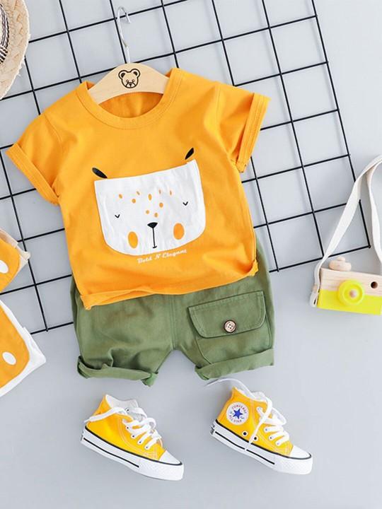 Premium Baby Boy T-Shirt and Shorts Set - Mustard Green Conversational Print - image 1