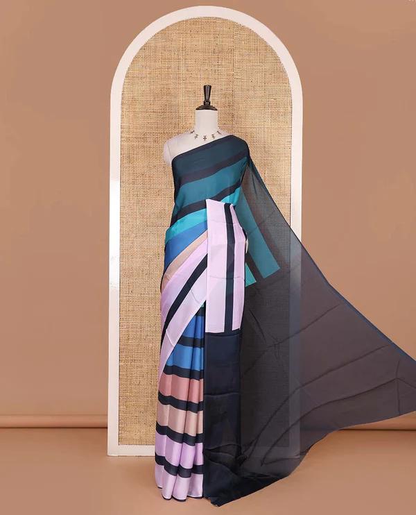 Borderless multi-color striped with sparsely buttas satin crepe saree - image 1