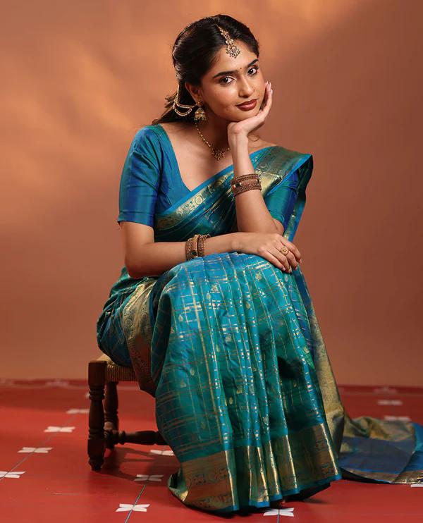 Peacock Blue Vasundhara Silk Saree - image 4