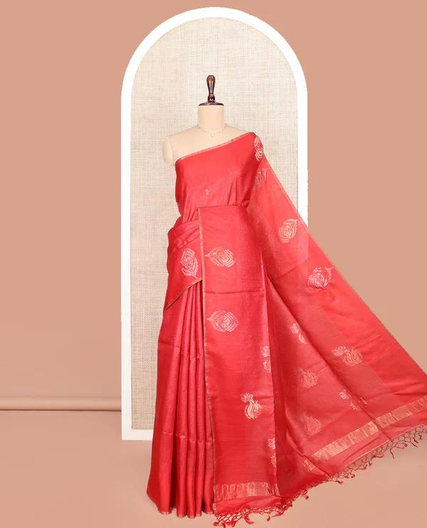 Borderless Red Tussar Silk Saree - image 1