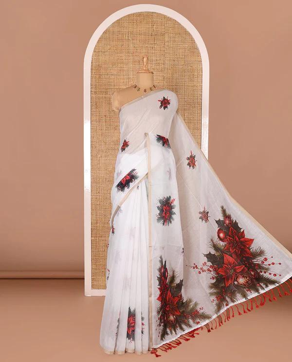 White Christmas poinsettia wreath motifs digital printed Chanderi cotton saree - image 1