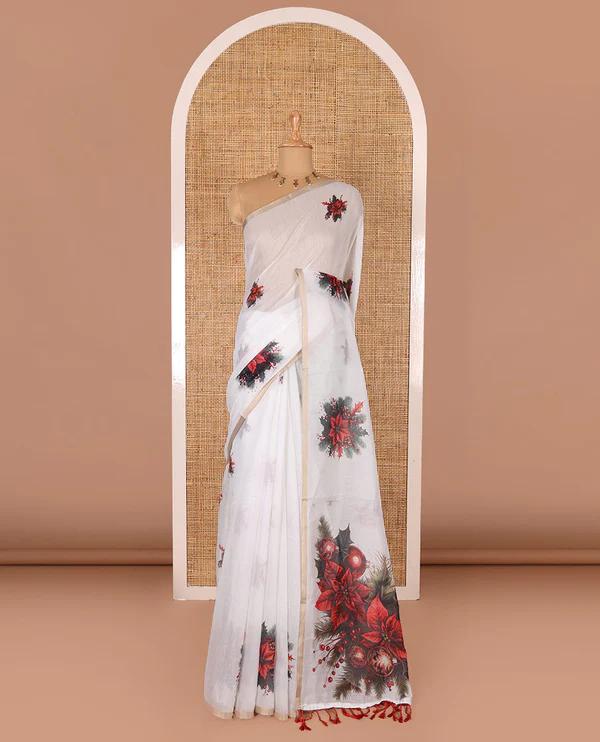 White Christmas poinsettia wreath motifs digital printed Chanderi cotton saree - image 2