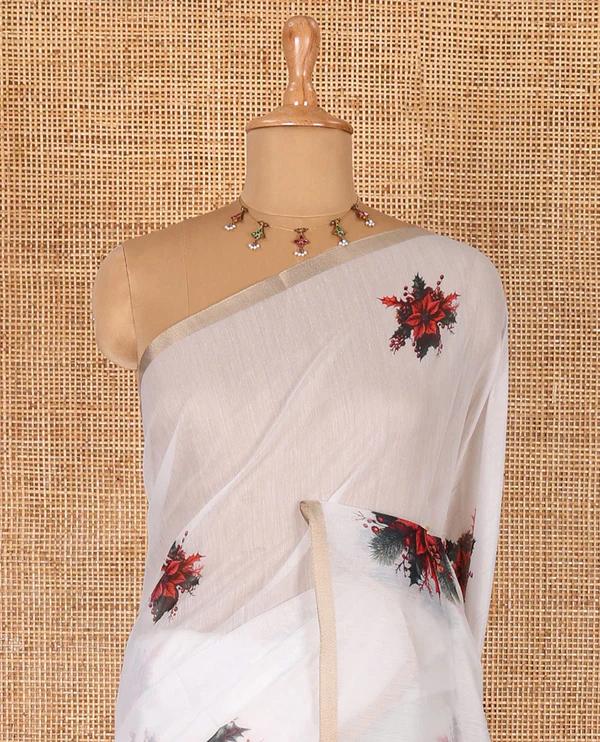 White Christmas poinsettia wreath motifs digital printed Chanderi cotton saree - image 3