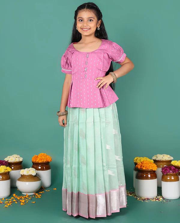 Blue readymade art silk pavadai - image 3
