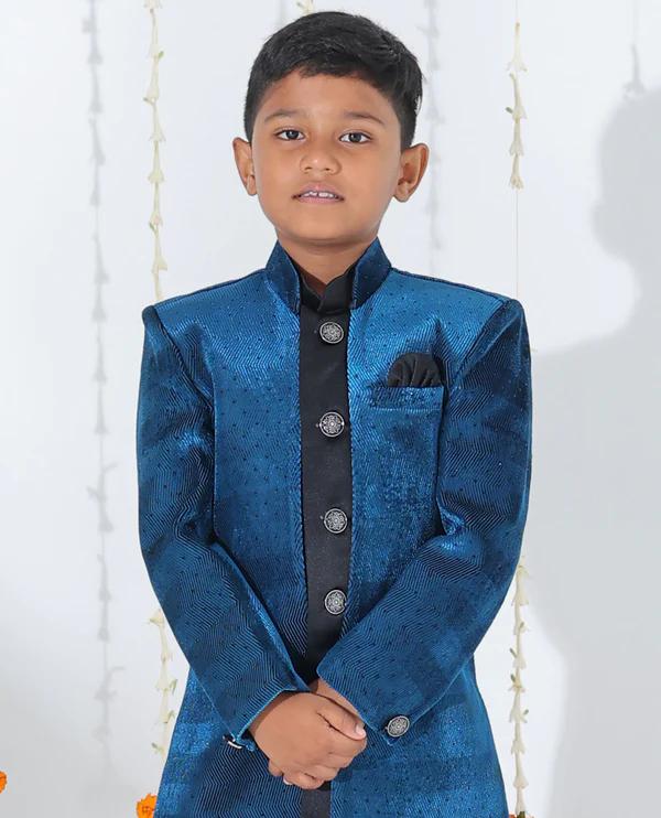 Blue sherwani set with solid kurta - image 1
