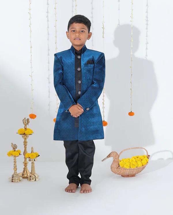 Blue sherwani set with solid kurta - image 4