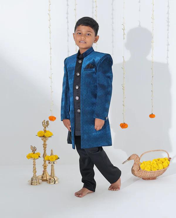 Blue sherwani set with solid kurta - image 3