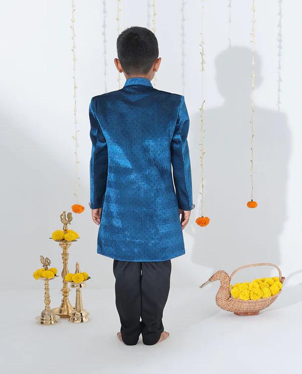 Blue sherwani set with solid kurta - image 2