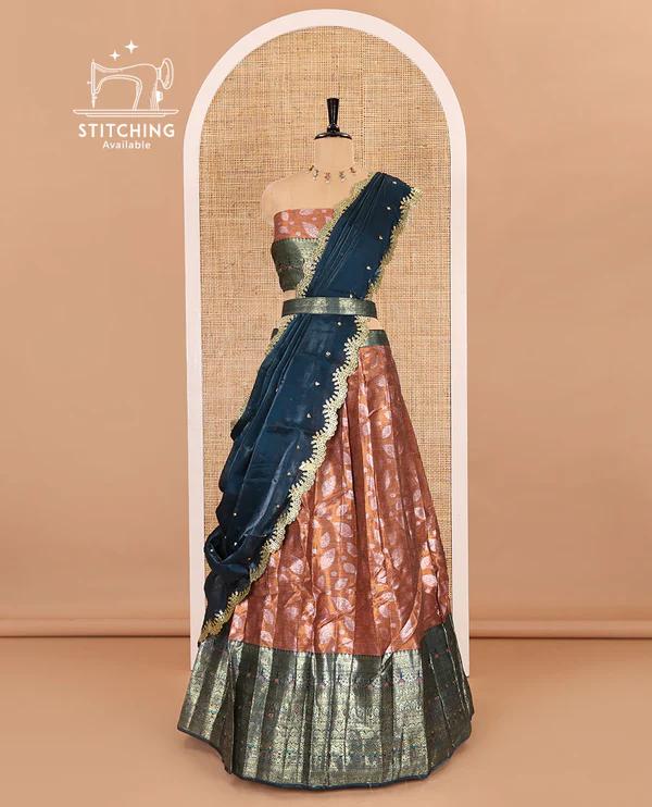 Copper and peacock color half-saree - image 4