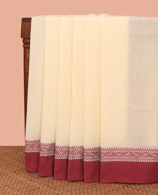 Cream Plain Khadi Cotton Saree - image 1