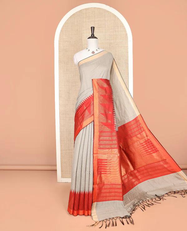 Grey Plain Dupion Silk Saree - image 1