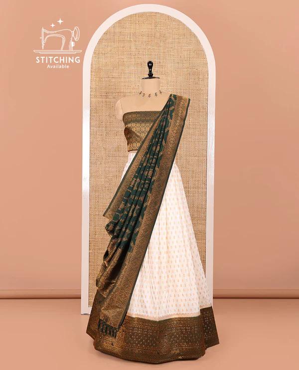 Cream and Dark Green Pure Georgette Crepe Half-Saree - image 1