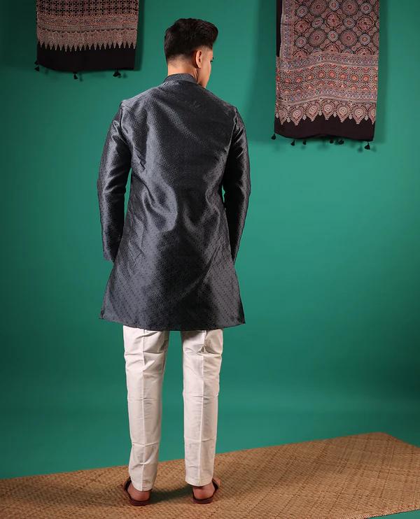 Dark grey texture embossed full-sleeved men's kurta - image 2