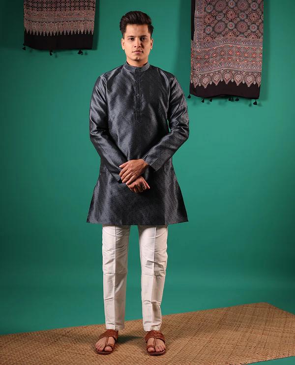 Dark grey texture embossed full-sleeved men's kurta - image 4