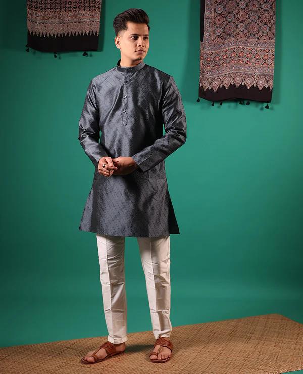 Dark grey texture embossed full-sleeved men's kurta - image 5