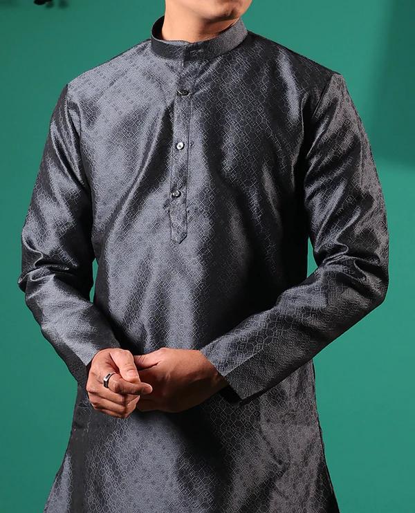 Dark grey texture embossed full-sleeved men's kurta - image 1