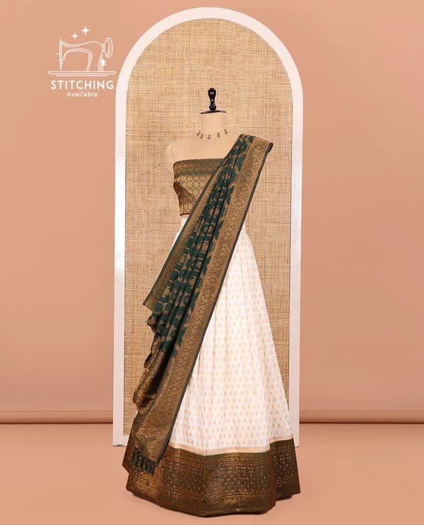 Cream and Dark Green Pure Georgette Crepe Half-Saree - image 3