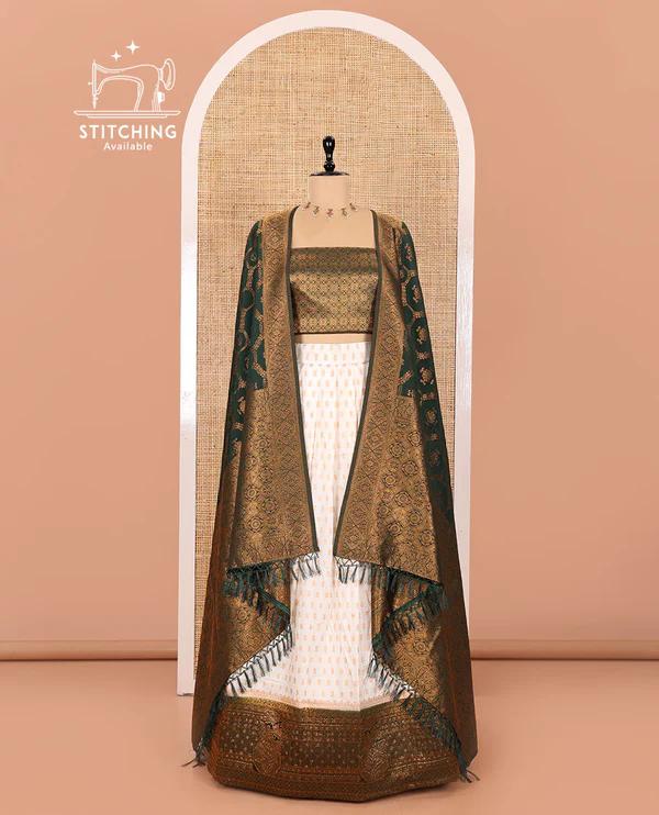 Cream and Dark Green Pure Georgette Crepe Half-Saree - image 4