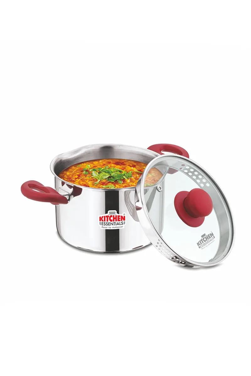 Kitchen Essential Stainless Steel Deep Casserole with Strainer Glass Lid - 2.8 Ltr - image 3